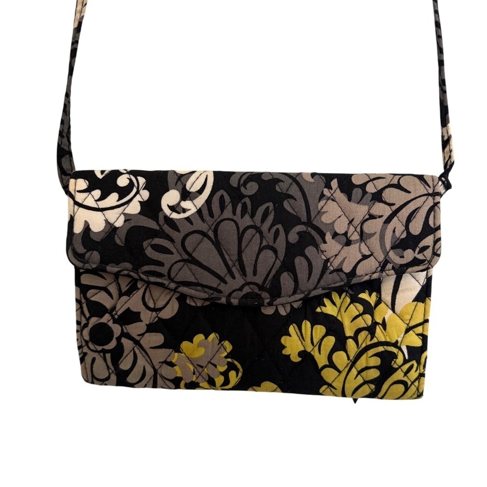 Vera Bradley Black Yellow Floral Quilted Wallet Crossbody Bag Wristlet